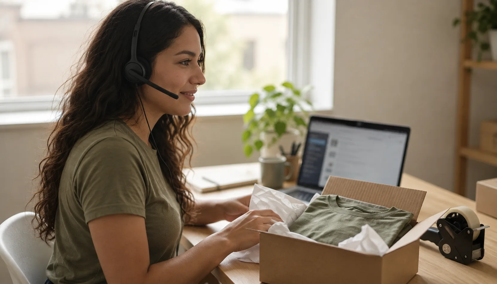 E-commerce CX Coordinator on a call beside an open shipping box