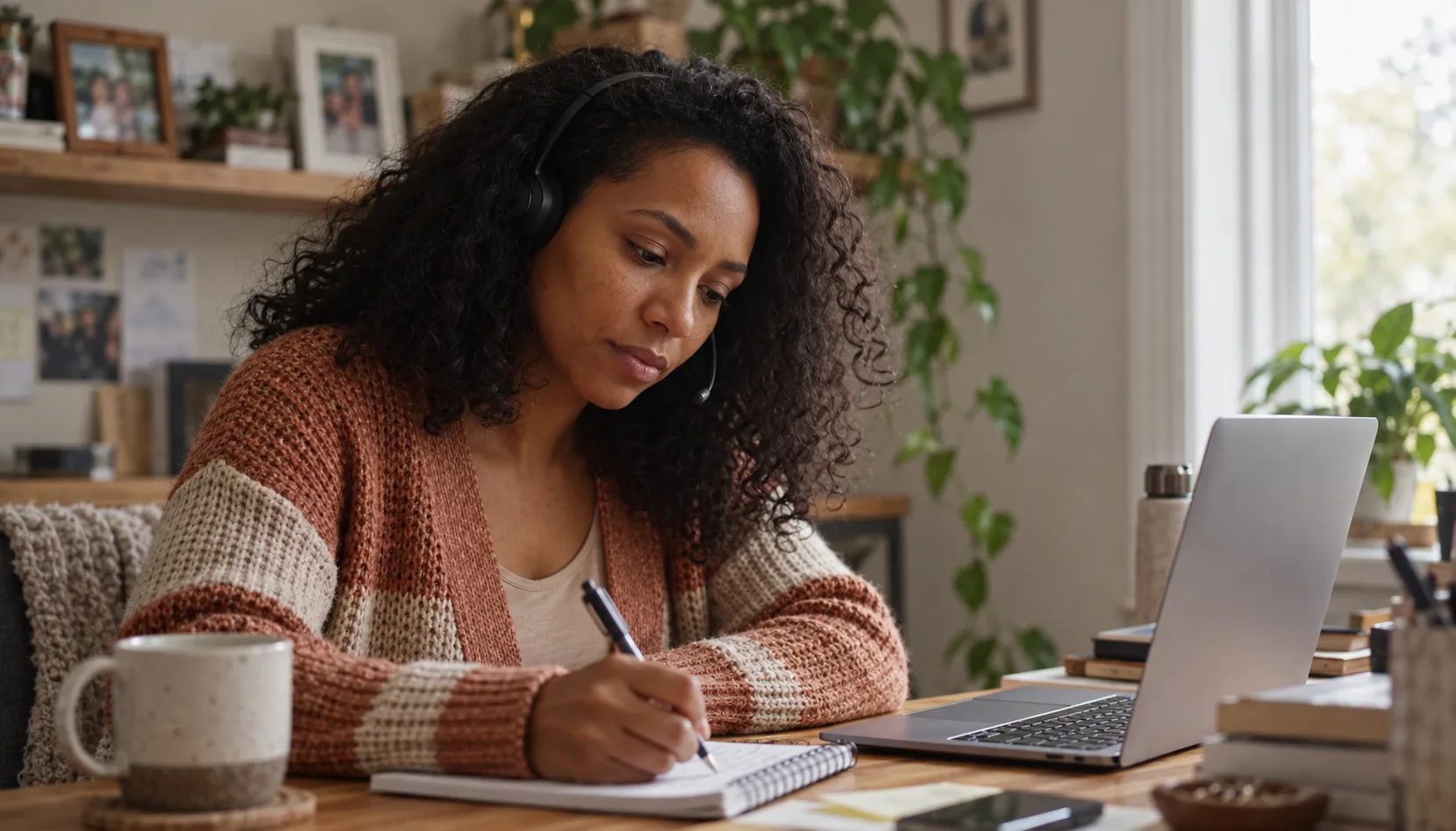 Care Coordination Assistant taking notes on a call from a warm home office